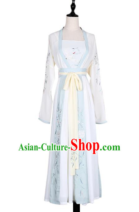 Asian China Tang Dynasty Young Lady Embroidered Costume Complete Set, Traditional Ancient Chinese Princess Embroidery Hanfu Clothing for Women