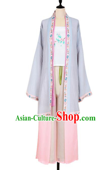 Asian China Song Dynasty Young Lady Costume Embroidered Blouse and Pants Complete Set, Traditional Ancient Chinese Princess Elegant Hanfu Clothing for Women