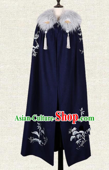 Asian China Jin Dynasty Swordsman Costume Navy Long Cape, Traditional Ancient Chinese Elegant Hanfu Kawaler Mantle for Men