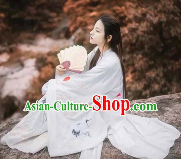 Asian China Jin Dynasty Palace Lady Costume Embroidered Crane Clothing Complete Set, Traditional Ancient Chinese Elegant Hanfu for Women