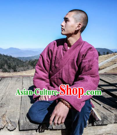 Asian China National Costume Red Linen Cotton-padded Robe, Traditional Chinese Tang Suit Slant Opening Coat Clothing for Men