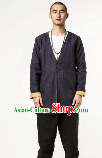 Asian China National Costume Linen Coat, Traditional Chinese Tang Suit Brass Button Coat Clothing for Men