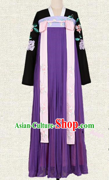 Asian China Tang Dynasty Princess Embroidered Clothing Complete Set, Traditional Ancient Chinese Palace Lady Hanfu Purple Silp Skirt Costume for Women