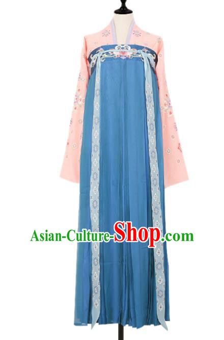 Asian China Tang Dynasty Princess Embroidered Clothing Complete Set, Traditional Ancient Chinese Palace Lady Hanfu Blue Slip Skirt Costume for Women