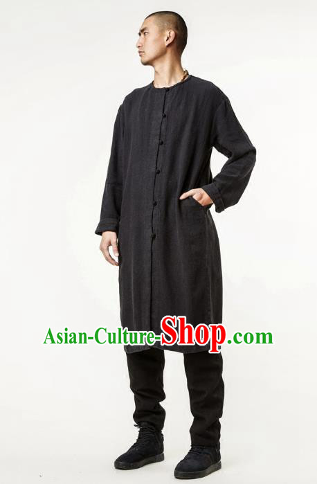 Asian China National Costume Black Linen Dust Coat, Traditional Chinese Tang Suit Slant Opening Coat Clothing for Men