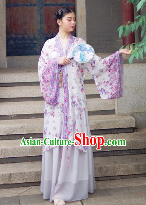Asian China Han Dynasty Palace Lady Costume Princess Purple Printing Wide Sleeve Cardigan for Women