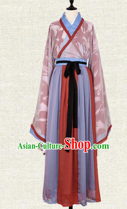 Asian China Jin Dynasty Swordsman Printing Red Clothing Complete Set, Traditional Ancient Chinese Palace Lady Hanfu Costume for Women