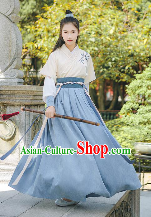 Asian China Han Dynasty Swordswoman Embroidered Costume, Traditional Ancient Chinese Elegant Hanfu Clothing for Women
