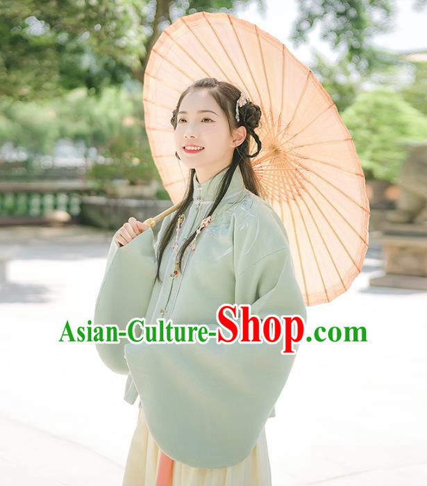 Asian China Ming Dynasty Palace Lady Embroidered Costume, Traditional Ancient Chinese Princess Elegant Hanfu Green Sleeve Placket Blouse for Women
