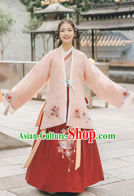 Asian China Ming Dynasty Palace Lady Embroidered Costume, Traditional Ancient Chinese Princess Elegant Hanfu Pink Cardigan for Women