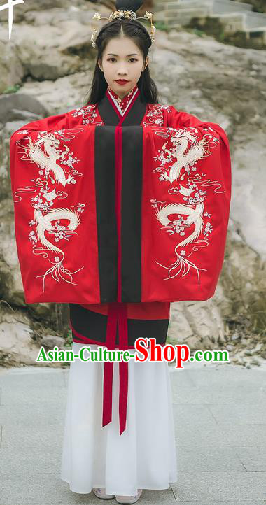 Asian China Han Dynasty Palace Lady Costume Red Curve Bottom, Traditional Ancient Chinese Princess Elegant Embroidered Hanfu Clothing for Women