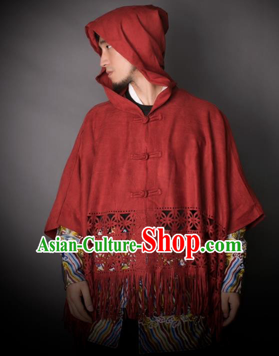 Asian China National Costume Red Cloak, Traditional Chinese Tang Suit Plated Buttons Shirts Clothing for Men
