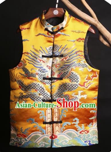 Asian China National Costume Embroidered Yellow Vest, Traditional Chinese Tang Suit Plated Buttons Embroidery Dragons Waistcoat Clothing for Men