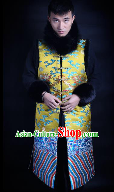 Asian China National Costume Embroidered Yellow Long Vest, Traditional Chinese Tang Suit Plated Buttons Embroidery Dragons Waistcoat Clothing for Men