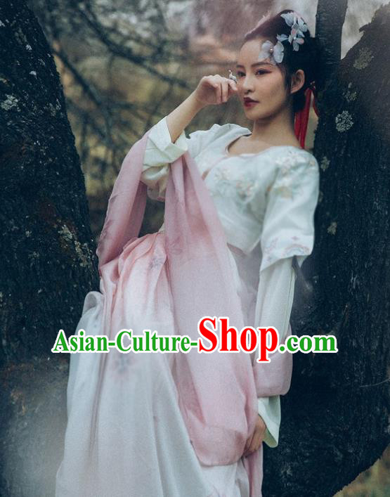 Asian China Tang Dynasty Young Lady Embroidered Half-Sleeves Costume Complete Set, Traditional Ancient Chinese Princess Hanfu Clothing for Women