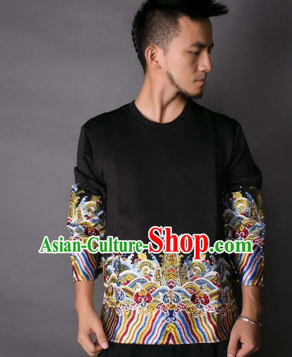Asian China National Costume Embroidery Black Sweater, Traditional Chinese Tang Suit Hoodie Clothing for Men