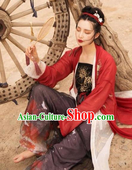 Asian China Song Dynasty Young Lady Costume Embroidered Blouse and Pants Complete Set for Women