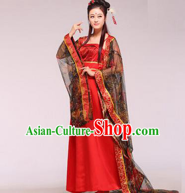 Asian China Ancient Tang Dynasty Imperial Consort Fairy Costume, Traditional Chinese Empress Embroidered Red Tailing Dress Clothing for Women
