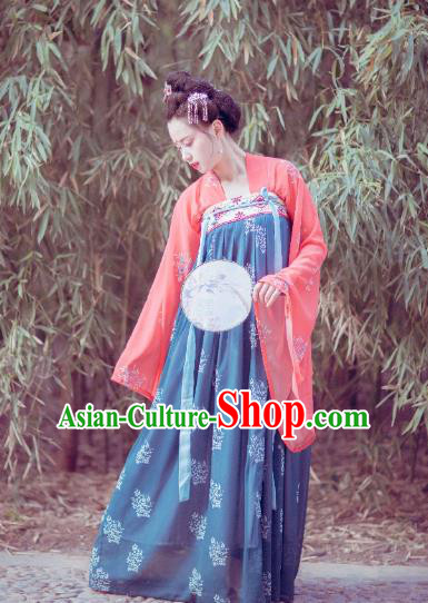 Traditional Chinese Ancient Costume Palace Lady Printing Navy Slip Skirt, Asian China Tang Dynasty Imperial Princess Hanfu Dress Clothing for Women