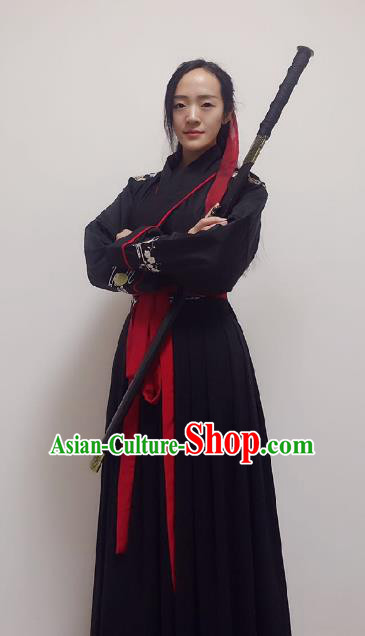 Traditional Ancient Chinese Swordsman Hanfu Costume Embroidered Black Robe, Asian China Tang Dynasty Imperial Guards Clothing for Women