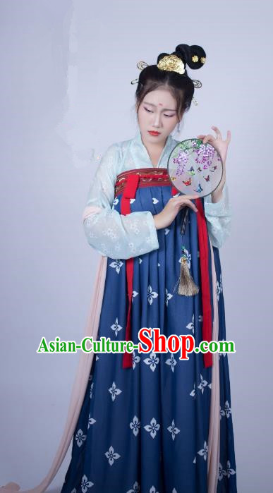 Traditional Chinese Ancient Costume Palace Lady Embroidered Blue Slip Skirt, Asian China Tang Dynasty Imperial Princess Hanfu Clothing for Women
