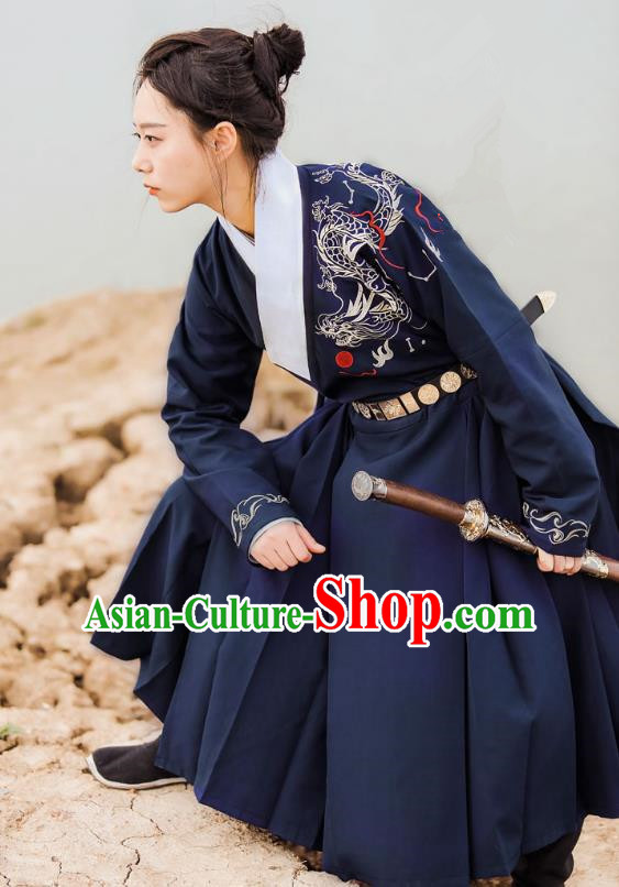 Traditional Ancient Chinese Swordsman Hanfu Costume Embroidered Blue Long Robe, Asian China Ming Dynasty Imperial Guards Clothing for Men