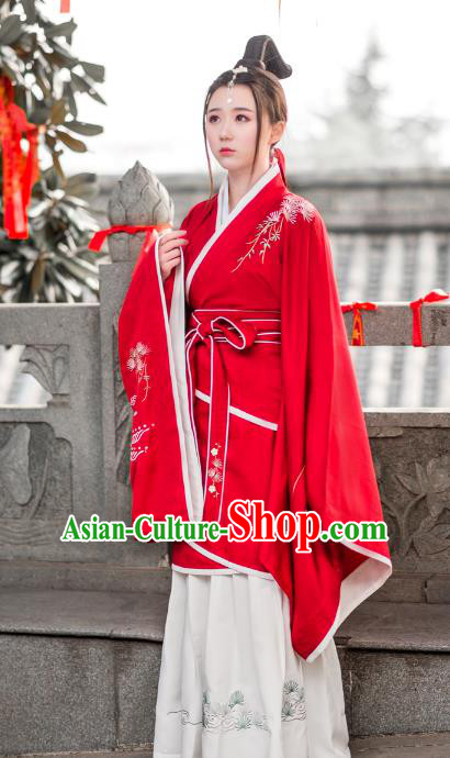 Traditional Ancient Chinese Young Lady Hanfu Embroidered Costume Red Curve Bottom, Asian China Han Dynasty Imperial Princess Clothing for Women
