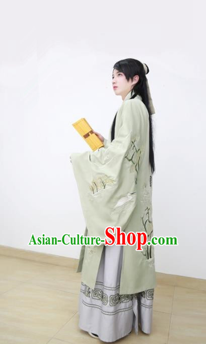 Traditional Chinese Han Dynasty Scholar Hanfu Costume, Asian China Ancient Embroidered Green Cloak Clothing for Men