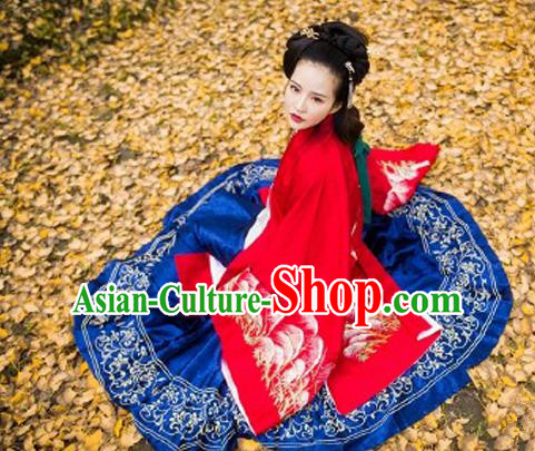 Traditional Ancient Chinese Palace Lady Hanfu Costume Red Embroidered Cloak and Skirt, Asian China Ming Dynasty Empress Clothing for Women