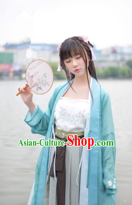 Traditional Chinese Song Dynasty Palace Lady Hanfu Costume Blue BeiZi, Asian China Ancient Princess Dress Embroidered Clothing for Women