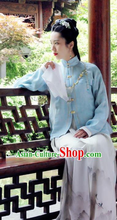 Traditional Chinese Ancient Costume Palace Lady Embroidered Blue Blouse and Skirt, Asian China Ming Dynasty Princess Hanfu Dress Clothing for Women