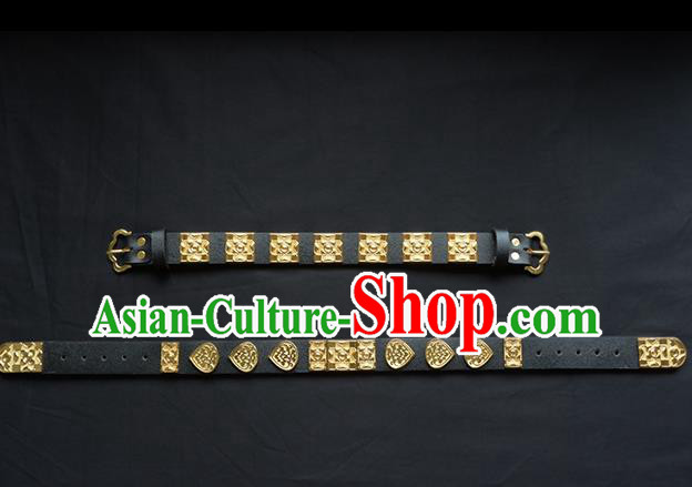 Traditional Ancient Chinese Hanfu Black Belts, Asian China Ming Dynasty Imperial Guards Leather Waistband for Men