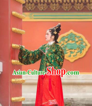 Traditional Chinese Ancient Costume Princess Green Embroidered Blouse and Skirt, Asian China Ming Dynasty Palace Lady Hanfu Clothing for Women
