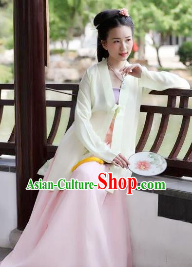 Traditional Chinese Ancient Costume Princess Light Yellow Silk BeiZi and Skirt, Asian China Song Dynasty Palace Lady Hanfu Clothing for Women