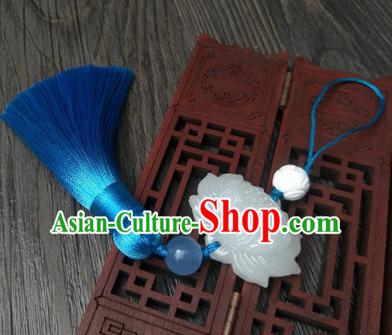 Traditional Handmade Chinese Ancient Classical Hanfu Accessories Blue Tassel Jade Lotus Pendant Brooch for Women