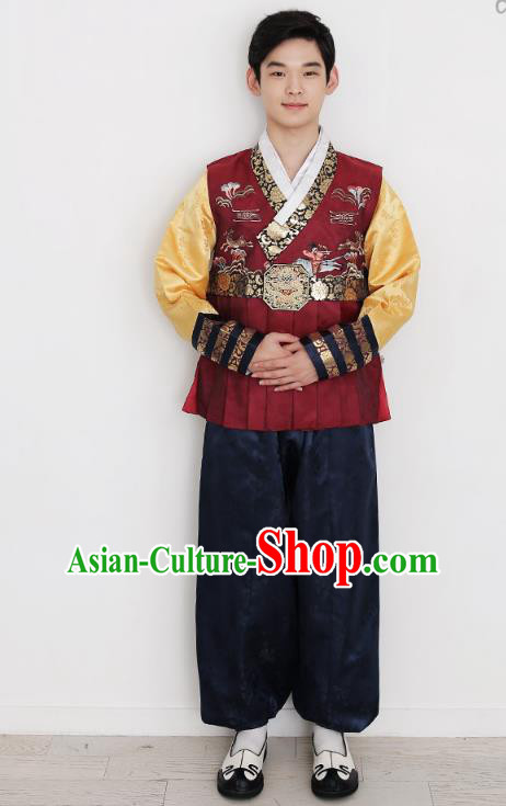 Traditional Korean Costumes Bridegroom Formal Attire Ceremonial Red Clothes, Korea Hanbok Court Embroidered Clothing for Men