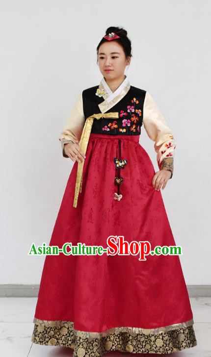 Traditional Korean Costumes Bride Formal Attire Ceremonial Red Dress, Korea Hanbok Court Embroidered Clothing for Women