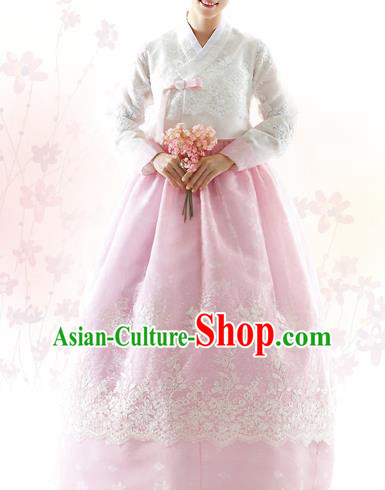 Traditional Korean Costumes Bride Formal Attire Ceremonial White Blouse and Pink Lace Dress, Korea Hanbok Court Embroidered Clothing for Women