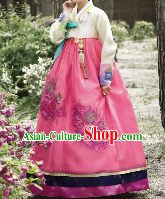 Traditional Korean Costumes Bride Wedding Rosy Dress, Korea Hanbok Queen Court Embroidered Clothing for Women