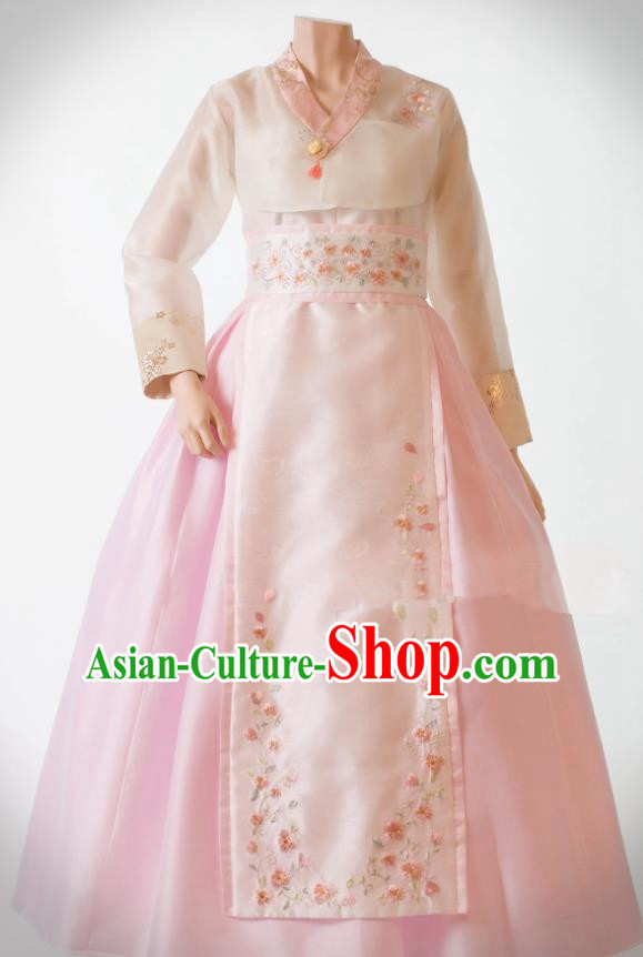 Traditional Korean Costumes Bride Wedding Pink Silk Dress, Korea Hanbok Princess Court Embroidered Clothing for Women