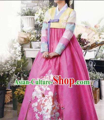 Traditional Korean Costumes Bride Formal Attire Ceremonial Yellow Blouse and Rosy Dress, Korea Hanbok Court Embroidered Clothing for Women
