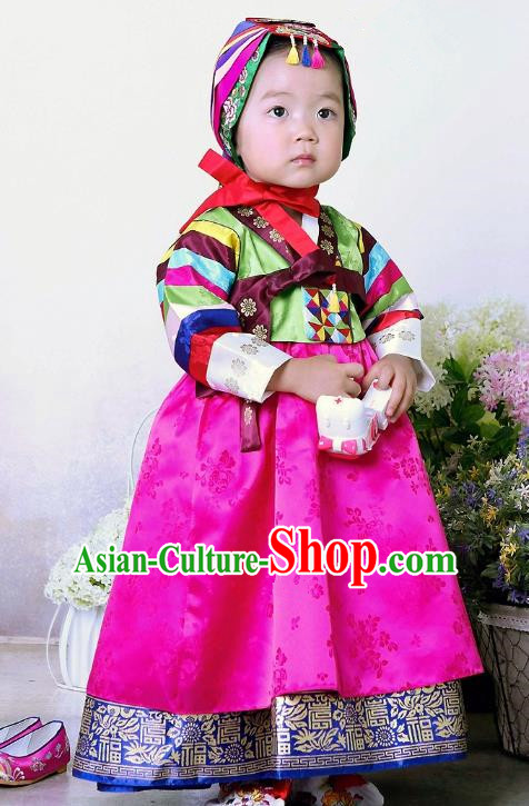Traditional Korean Handmade Formal Occasions Embroidered Baby Princess Hanbok Rosy Dress Clothing for Girls