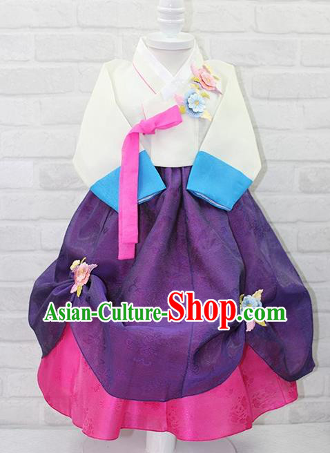 Traditional Korean Handmade Formal Occasions Costume Embroidered White Blouse and Purple Dress Bride Hanbok Clothing for Girls