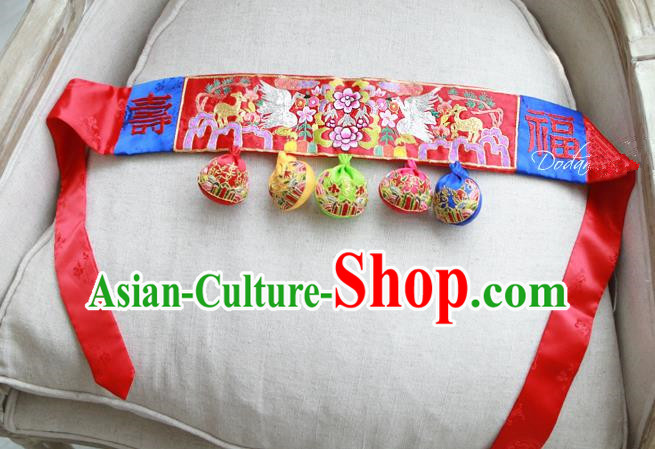 Traditional Korean National Accessories Embroidered Red Waist Belts, Asian Korean Fashion Waistband Decorations for Kids