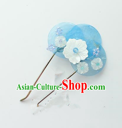 Traditional Korean National Hair Accessories Blue Shell Flower Hairpins, Asian Korean Fashion Wedding Hanbok Hair Decorations Headwear for Women