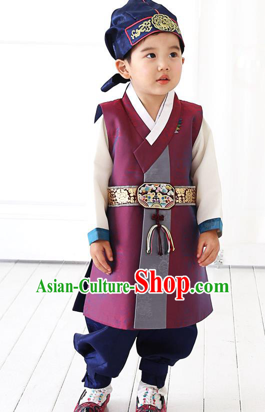 Asian Korean National Traditional Handmade Formal Occasions Boys Embroidery Amaranth Hanbok Costume Complete Set for Kids