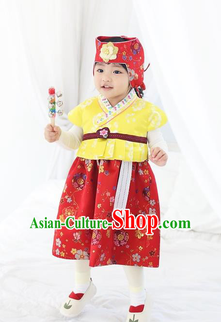 Asian Korean National Traditional Handmade Formal Occasions Girls Embroidery Hanbok Costume Yellow Vest and Red Dress Complete Set for Kids