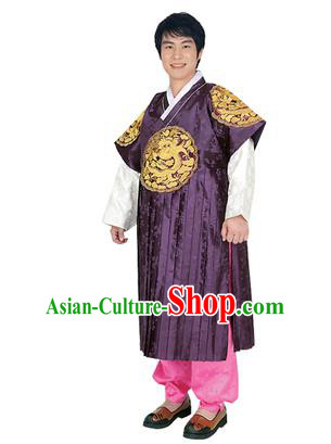 Korean National Traditional Handmade Wedding Embroidery Hanbok Costume, Asian Korean Bridegroom Purple Dragon Robe for Men