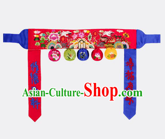 Traditional Korean Accessories Embroidered Flowers Red Waist Belts, Asian Korean Fashion Hanbok Waistband Decorations for Kids
