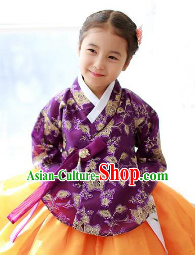 Korean National Handmade Formal Occasions Girls Embroidery Hanbok Costume Purple Blouse for Kids